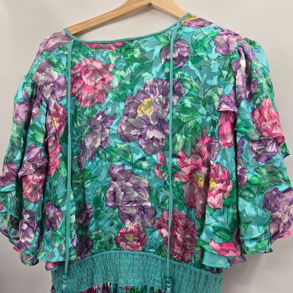 Vintage Diane Freis Green Tropical Rayon Silk Tassels 80s Jumpsuit XL (See Meas) - Picture 6 of 16